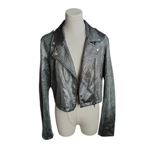 Forever 21 Black Silver Metallic Rock & Roll Cropped Bikercore Jacket Size Large